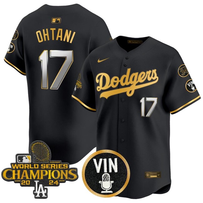 Men's Black/Gold Los Angeles Dodgers #17 Shohei Ohtani 2024 World Series Champions With Vin Scully & Fernando Patch Vapor Limited Stitched Baseball Jersey